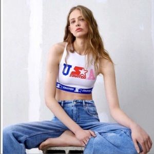 Zara & Starter 50 USA Graphic Tank Top Shirt -Red White Blue Cropped Size M 28